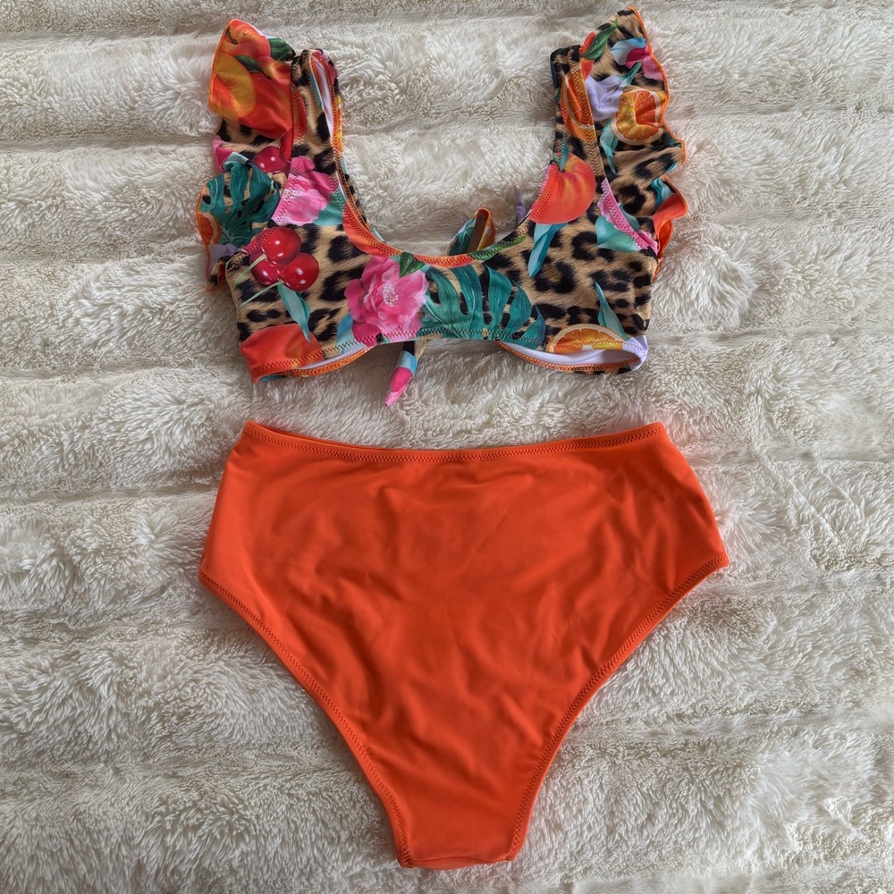 Tropical Print Bikini Set with Orange Bottoms - Picture 2 of 4